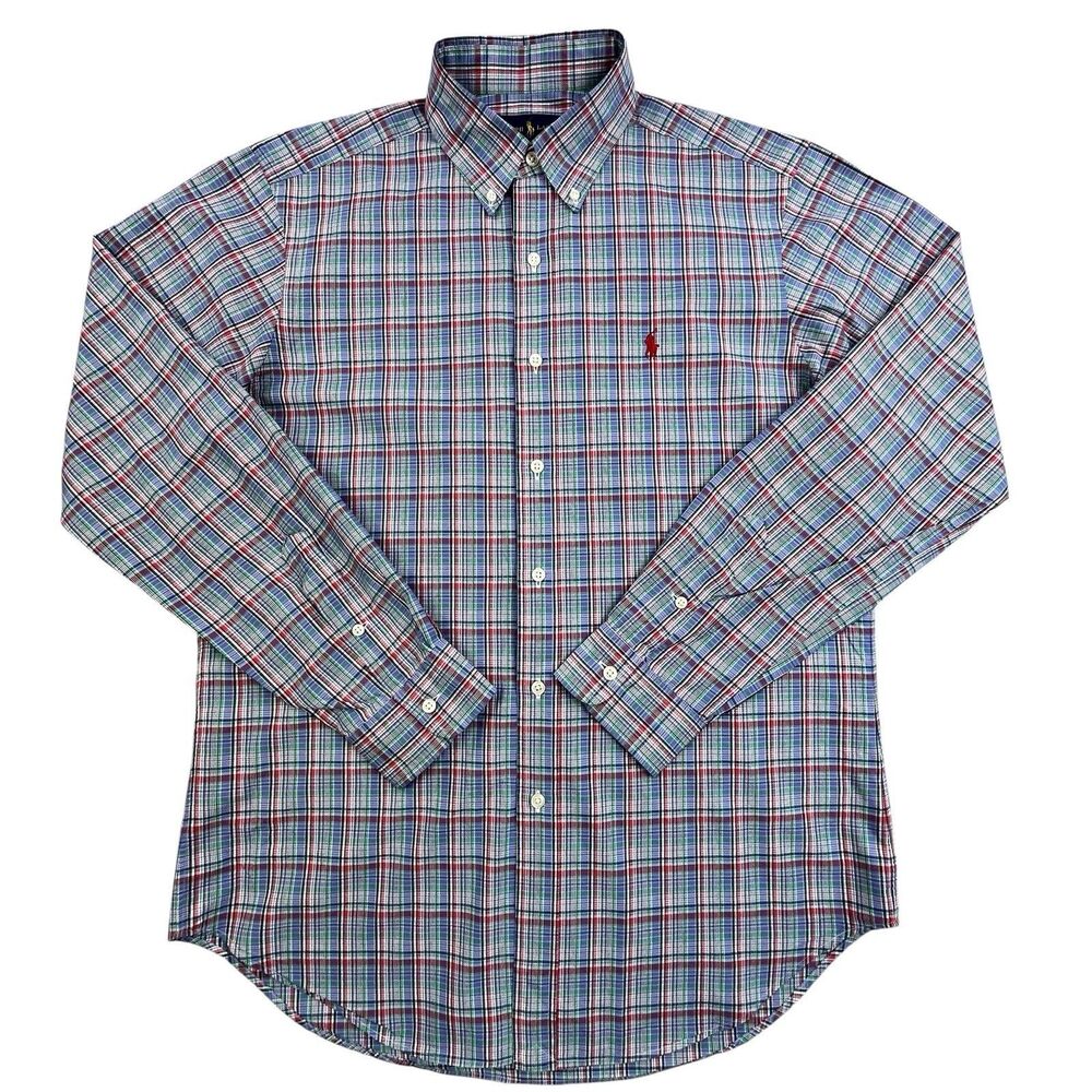 Polo Ralph Lauren Shirt Men Medium Colorful Plaid Oxford Cotton OCBD Preppy